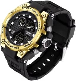 Relógio Digital e Analógico Tático Estilo Militar Esportivo Resistente Shock I Relógio de Pulso Masculino para Homem Esportivo Resistente à água com LED Noturno com Cronômetro Pulseira Resistente Robusto SW38 (Detalhes Dourado)