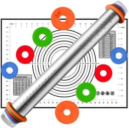 Rolo de massa de aço inoxidável com tapete de assar para pastelaria – Conjunto de rolo inclui tapete de silicone, pizza, torta, pastelaria, macarrão, biscoitos e pão CULINNÁ