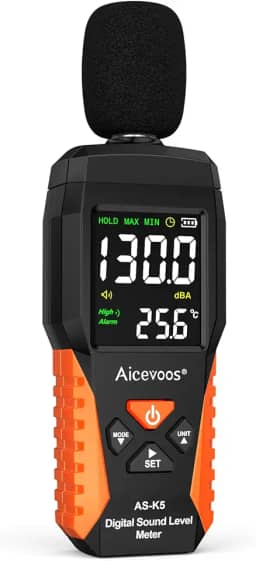 Medidor de decibéis medidor portátil de nível de som dB medidor de som decibéis medindo 30 ~ 130 dB, alarmes sonoros e visuais, medição de ruído máxima/mínima