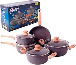 OSTER Conjunto de Panelas Antiaderentes 5 Peças Marble Edition - Jogo de Panela e Frigideira, Construção em Alumínio e Revestimento Duplo de Cerâmica, Alças e Cabos Revestidos em Silicone - Dark Grey