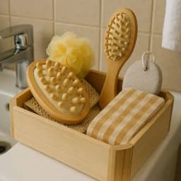 Kit Banho Spa Madeira Relaxante Massagem Revigora Esfoliação Uso Diário Essencial no Banho Leve na Viagem e Presente