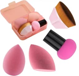 Kit Esponjas e Pincel para Maquiagem Profissional com Estojo – 1 Pincel Hexagonal, 1 Esponja Cogumelo, 2 Esponjas Gota 3D – Aplicação de Base, Corretivo, Contorno, Pó, Blush e Iluminador
