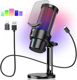 Microfone, Microfone de Mesa, Microfone Jogos, Microfone RGB Condensador, Microfone USB, Microfone de Jogos de Computador para PS4/PS5/Mac, Microfone Condensador com Mudo Rápido Luz RGB
