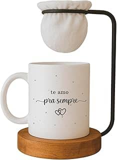 Kit Dia dos Namorados, Caneca ' Te Amo pra Sempre' com Mini Coador de Café, Base em Madeira