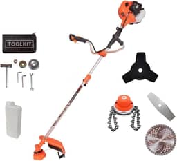 Roçadeira a Gasolina 2 Tempos Profissional 65CC 3HP Com Trimmer, Lâmina 3 e 2 Pontas Facão, Disco 80 Dentes, Kit de Reparo e Acessórios