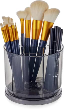 Organizador de pincéis de maquiagem – Recipientes rotativos de 360° transparentes para penteadeira, mesa, bancada, suporte de caneta giratória para mesa, suporte redondo para pincel de maquiagem com 5 compartimentos, para cosmísticos (cinza)