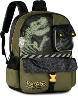 Mochila Escolar Infantil Dinossauro T-Rex, Verde Militar e Preto, Design Danger Attack, com Bolsos Laterais e Fecho de Segurança