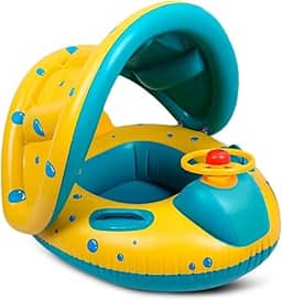 Boia Infantil Piscina Bebê Criança Bote Inflável com Pezinho Volante e Cobertura de Proteção para Crianças 6 Meses à 3 Anos Premium