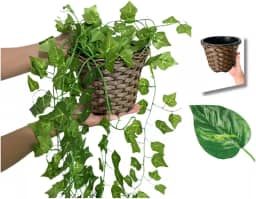Arranjo C/ 3 Trepadeira + Vaso Trançado Marrom | Arranjo Trepadeira Artificial para Decorações | Plantas para Decoração de Casa, Sala De Estar, Casamento & Escritorio (Folhas de Jiboia)