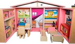 100, Artesanal Casinha de Boneca com Móveis Estilo Maleta - Madeira - 5 Ambientes - Rosa