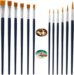 Kit 12 Pincéis para Pintura, 6 Ponta Fina Redonda e 6 Ponta Chata, para Aquarela, Óleo, Acrílica e Artesanato