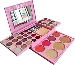 Kit de Maquiagem Completo 42 Itens, 24 Sombras, 8 Batons, 3 Pincéis, Espelho, Estojo Rosa