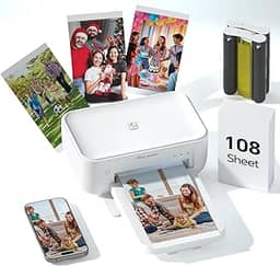 Impressora fotográfica 4 x 6 com 108 folhas e 2 fitas coloridas – Impressora fotográfica portátil sem fio com sublimação de tinta para smartphones iPhone e Android, impressão de fotos em casa e