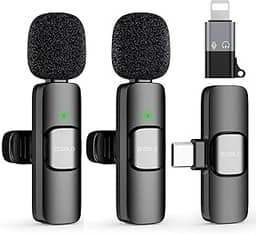 Microfone de Lapela Sem Fio Bluetooth – Kit com 2 Unidades, Cancelamento de Ruído, 10h de Bateria, para iPhone, Android, PC e Câmera USB-C