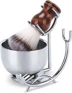 Suporte profissional de lâmina de barbear e perfeito sabonete de aço inoxidável de camada dupla com escova de barbear natural de madeira maciça, o melhor presente para homens, Shaving stand - Bowl - Brush