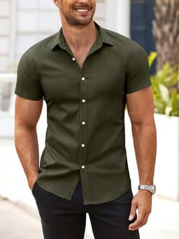 Camisa social masculina com ajuste muscular, sem rugas, manga curta, casual, abotoada