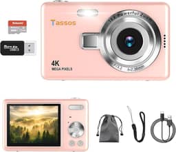 Câmera digital 1080P FHD 4k com tela LCD de 2,4", compacta e portátil para vlogs e fotos, com cartão SD de 32GB e zoom digital de 16x para adolescentes, estudantes e iniciantes. (Rosa)