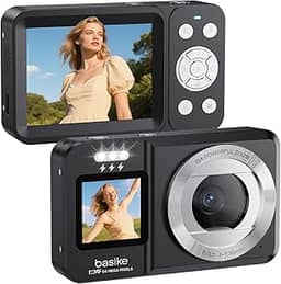 Basike Câmera Fotográfica Digital 4K UHD 64MP, Zoom 18X, Tela Dupla com Flash, Foco Automático e Função Webcam, para Iniciantes, Jovens e Viagens, Compacta, Criativa e Portátil – Preto