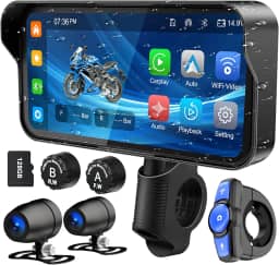 GPS para Motocicleta de 6,2 Polegadas, CarPlay Sem Fio, Android Auto, Câmeras Duplas HD 1080P, TPMS, Controle Remoto, Tela Sensível ao Toque Impermeável
