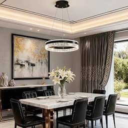 Daksan Lustre de Cristal Moderno e Luxuoso 50cm LED Circular com 3 Cores, Ajustável em Altura, Luminária de Teto Redonda 50W Preto para Sala de Jantar e Sala de Estar