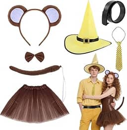 7 peças de fantasia de casal de macaco de Halloween, incluindo faixas de cabeça femininas, saias e chapéus masculinos, cintos e gravatas para festa de cosplay de Halloween