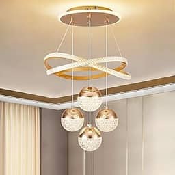 Lustre Pendente para Sala e Quarto | Luminaria Pendente Sala Jantar LED Lustre Linear Contemporâneo 4 Luzes, Metal com Dimerização e 3 Temperaturas de Cor (Ouro)