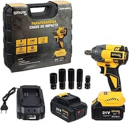 Chave Impacto Spark BR 21V Brushless Portátil Torque 350Nm 2 Velocidades LED Indicador Carga Bateria 3000mAh Maleta Carregador Rápido 4 Soquetes