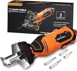 Sharp Pebble Kit de afiador de motosserra elétrica – Vem com ferramenta de afiar motosserra, 4 brocas de roda de afiar tamanho arquivo, acessório de ângulo, chave e eBook