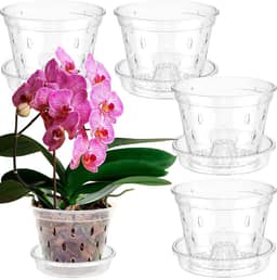 Vaso de orquídea de 5 peças para replantar vasos de orquídeas transparentes de 11 cm com furos e pires, vaso de orquídea de plástico resistente, vaso de flores respirável para berçário
