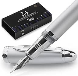 Wordsworth & Black Majesti Caneta-tinteiro (prata), capa de luxo, acabamento em ouro 24K; cartuchos de tinta de ponta média dourada 18K, conversor de tinta recarregável, caneta de caligrafia, melhor conjunto de presente de negócios para homens e mulheres