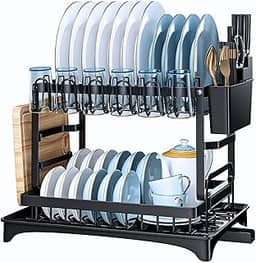 Escorredor de Louça Completo em Aço Carbono Organizador Escorredor de Pratos Inox, Suporte para Talheres, Copos, Tábuas, Facas e Bandeja de Drenagem de Água