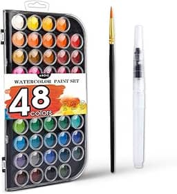 AROIC Conjunto de tinta aquarela, com tinta aquarela, 48 cores, um pincel e uma caneta de pincel de água recarregável. O melhor presente para iniciantes, crianças e amantes da arte.