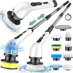 Esfregador giratório elétrico, escova de limpeza sem fio com velocidade dupla de potência 2H, cabo de extensão ajustável, 9 cabeças de escova substituíveis, à prova d'água IPX7 para banheiro,