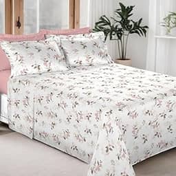 Jogo de Cama 100% Algodão 300 Fios Percal Lençol Antiácaro Respirável Toque Macio, 4 Peças - Bem Lunar (Rosa Floral, Queen)