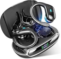 Fones de Ouvido Bluetooth Sem Fio, 60h de Reprodução com LED Display, Esportivos com Gancho, IPX5 à Prova d'Água, Graves Profundos, Compatível com iOS e Android, Preto