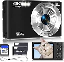 Câmera digital 4K, câmeras pretas de atualização para adolescentes, câmera digital de foco automático para crianças com zoom de 16X, cartão SD de 64 GB, câmera pequena compacta para meninos, meninas