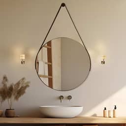 Espelho Redondo 60cm Adnet com Alça de Couro Decoração Moderna para Banheiro Sala ou Quarto (Caramelo)