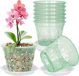 Pote de orquídea, pacote com 8 potes de orquídea com furos e pires, vaso de plástico transparente para repotting, vasos de ventilação respirável para orquídeas Phalaenopsis, Dendrobium e