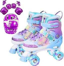 Patins Infantil 4 Rodas, Patins Quad, Patins Infantil Menina, Ajustável em 4 Tamanhos, com Bolsa e Kit Proteção (Quad Borboleta + Kit Proteção, M (32 ao 35))