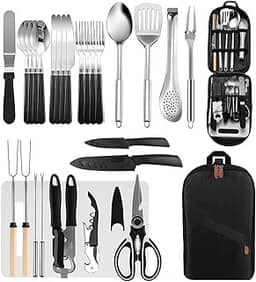 27 Peças Conjunto Portátil de Utensílios de Cozinha, Kit Churrasco com Tabua, Jogo de Churrasco, Jogo de Talheres