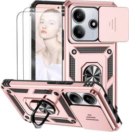 Capa para Redmi Note 14 5G (Não aplicável a 4G) Capinha | com 2 peças de protetor de tela temperado com janela deslizante da câmera e suporte para telefone incluídos - Rosa