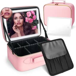 Bolsa de maquiagem com espelho de LED, organizadora de viagem, 3 cores de luz ajustável, cosméticos, bolsa de armazenamento, rosa