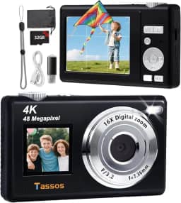 Câmera digital, câmera para vlogs, câmera fotográfica 48MP 4K - Câmera digital compacta com tela dupla, cartão de 32 GB, zoom digital de 16x e estabilizador de imagem para e iniciantes. (preto)