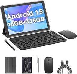 Tablet Android 15, 10 polegadas 18 GB RAM 128 GB ROM, tablet processador quad-core 2,0 GHz, tela sensível ao toque 1280 x 800 IPS, 2,4 G/5G WiFi, tablets 2 em 1 com teclado, capa, mouse, caneta