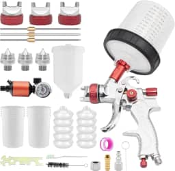 pistola de pulverização de alimentação por gravidade hvlp, kit de pistola de pintura automotiva com bicos de 1,4, 1,7, 2,0 mm, 10 copos de tinta descartáveis ​​de 600 cc e tampas, regulador d