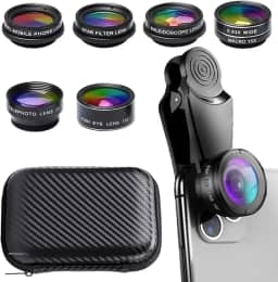 Lente de câmera de celular 7 em 1, kit de lentes para celular, clipe universal, para iPhone, para Samsung, para smartphone Android, em grande angular + macro + olho de peixe + caleidoscópio + filtro