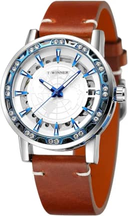 FORSINING Relógio analógico masculino esqueleto mecânico de vento manual esculpido no mapa do mundo com pulseira de couro genuíno WRG8278M3S6, Branco e azul., Moderno