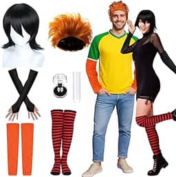 Seenelling 8 peças de fantasia de casal de hotel de Halloween, adultos, acessórios de fantasia de vampiro, perucas sem dedos, luvas sem dedos, meias vermelhas e pretas, dentaduras de vampiro, pinças