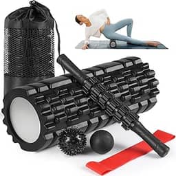 Kerdele Kit Rolo de Liberação Miofascial, 5 Em 1 Rolo Massagem Liberação Miofascial com Bastão, Rolinho, Faixa de Alongamento, 2 Bolas de Massagem e Sacola de Transporte
