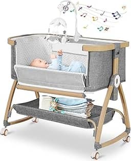IUVKIMOM Berço De Cabeceira Para Bebê, 3 Em 1 Dormir Ao Lado Da Cama, Balanço Bebê Com Colchão, Móbile, Mosquiteiro, Cesto Armazenamento, Ajustável 6 Alturas Rodas Recém-Nascidos
